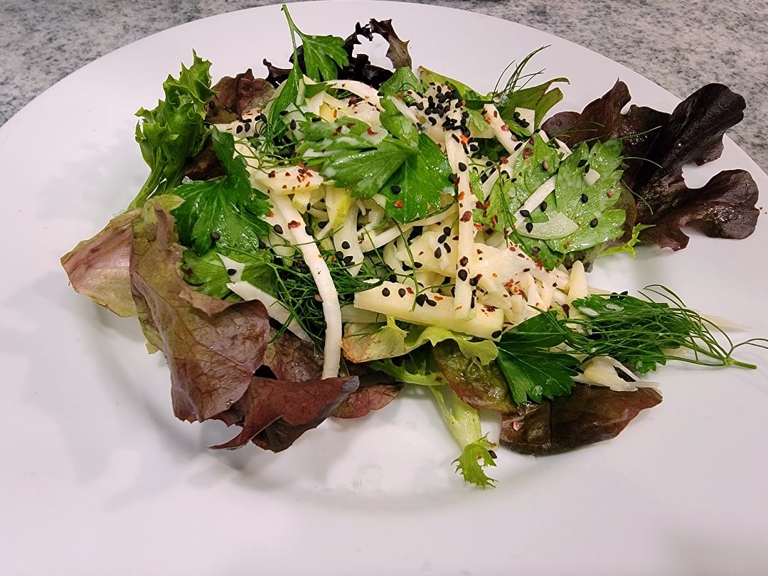 Apple Fennel Celeriac Salad plated w/ seed garnish