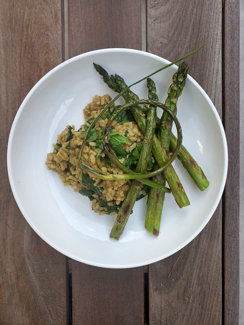 Baked Spinach Garlic Scape Risotto