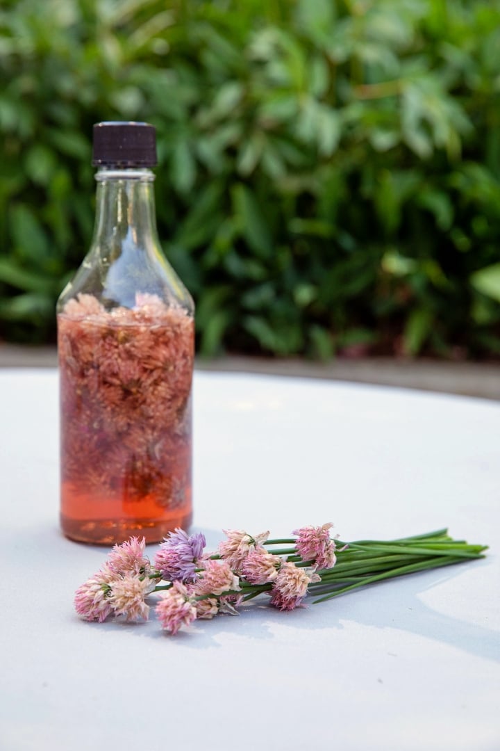 Chive Flower Vinegar in a bottle + Flowers
