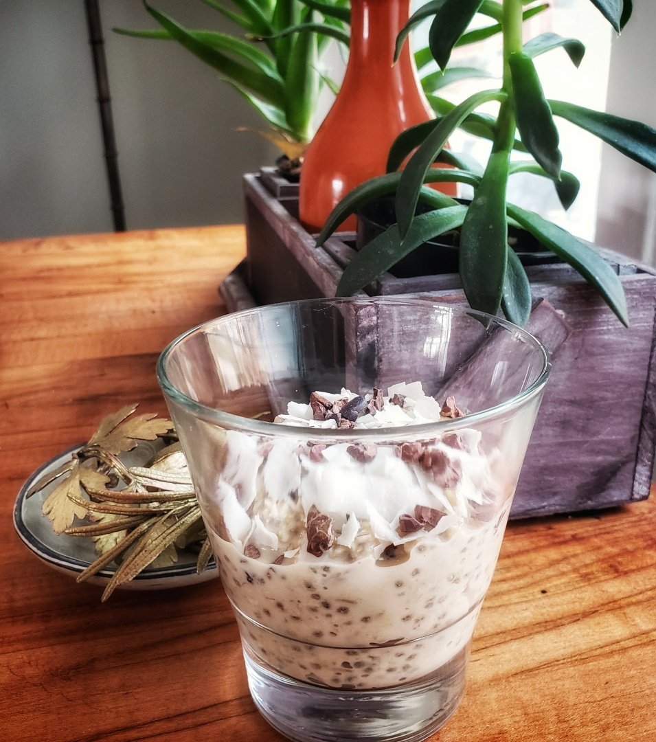 Coconut Cacao Chia Pudding in a glass