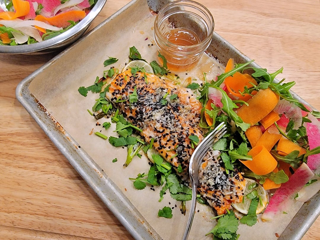 Coconut Chilli Lime Roasted Fish & peeled salad
