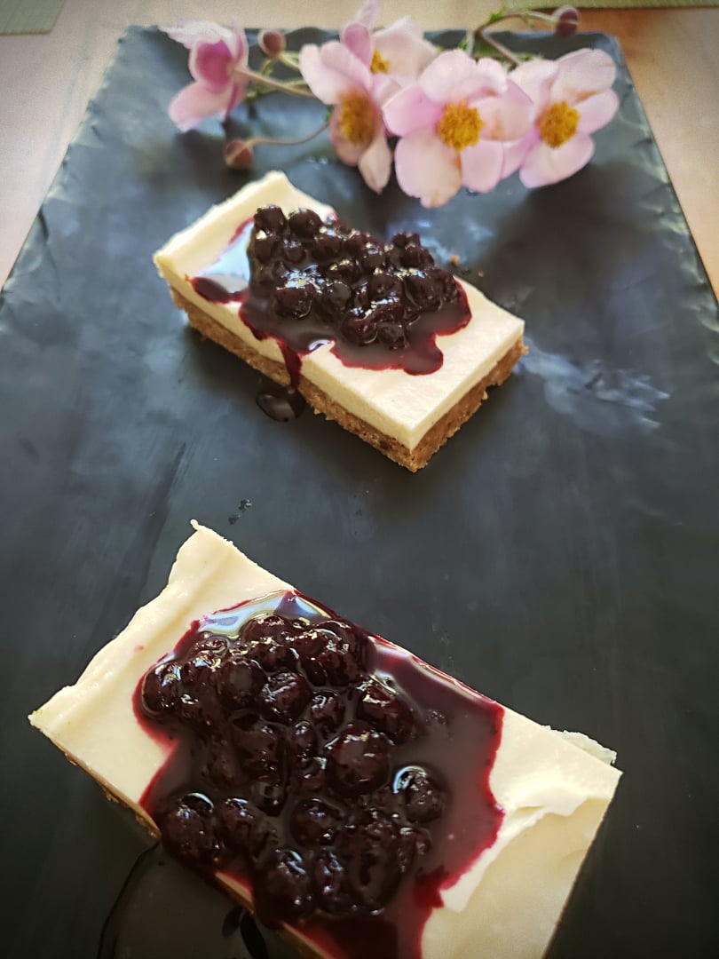 Lemon Cashew Tart squares + compote + a flower garnish