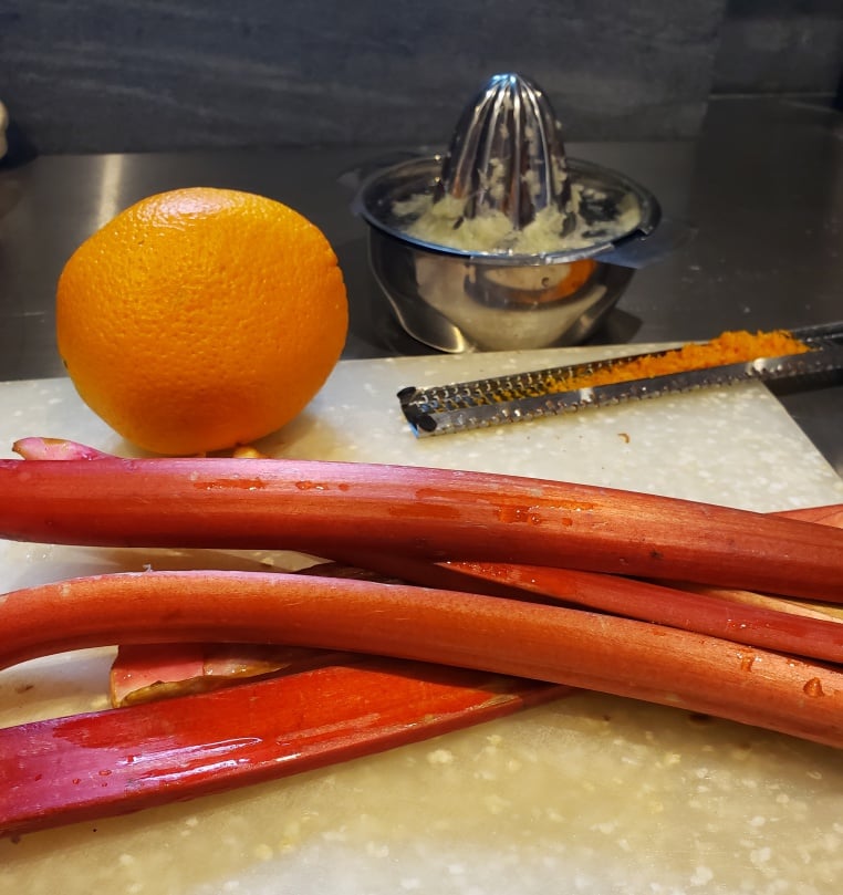 Orange, orange zester, Rhubarb stalks and stainless steel hand juicer