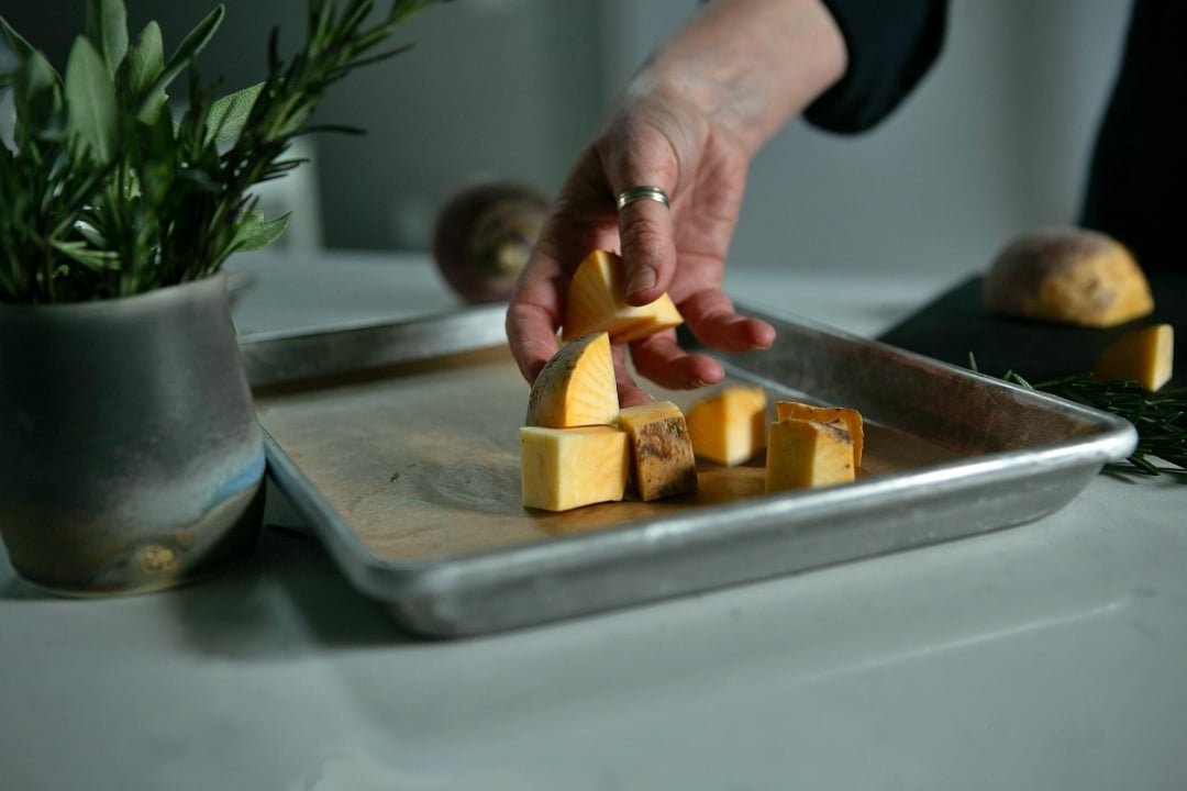 Rutabaga on sheet pan rady for raosting