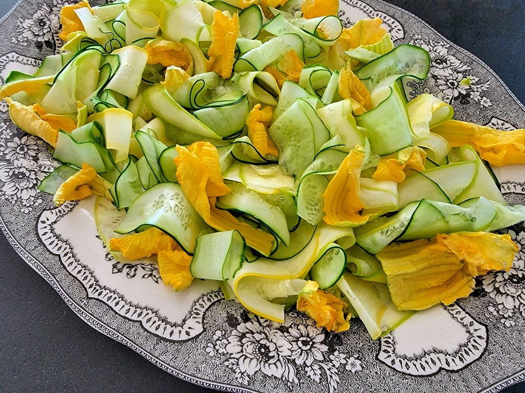 Shaved Cucumber Squash Salad with Squash Blossoms