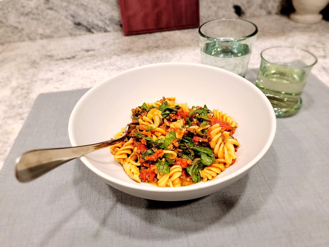 Spicy Pork & Swiss Chard Pasta
