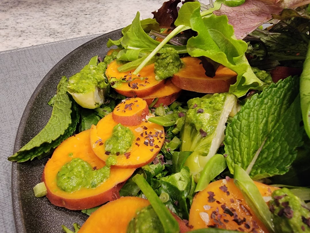 Steamed Sweet Potato Salad & Pesto