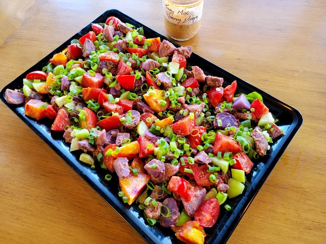 Tomato & Potato Salad with Tangy Miso Rosemary Dressing