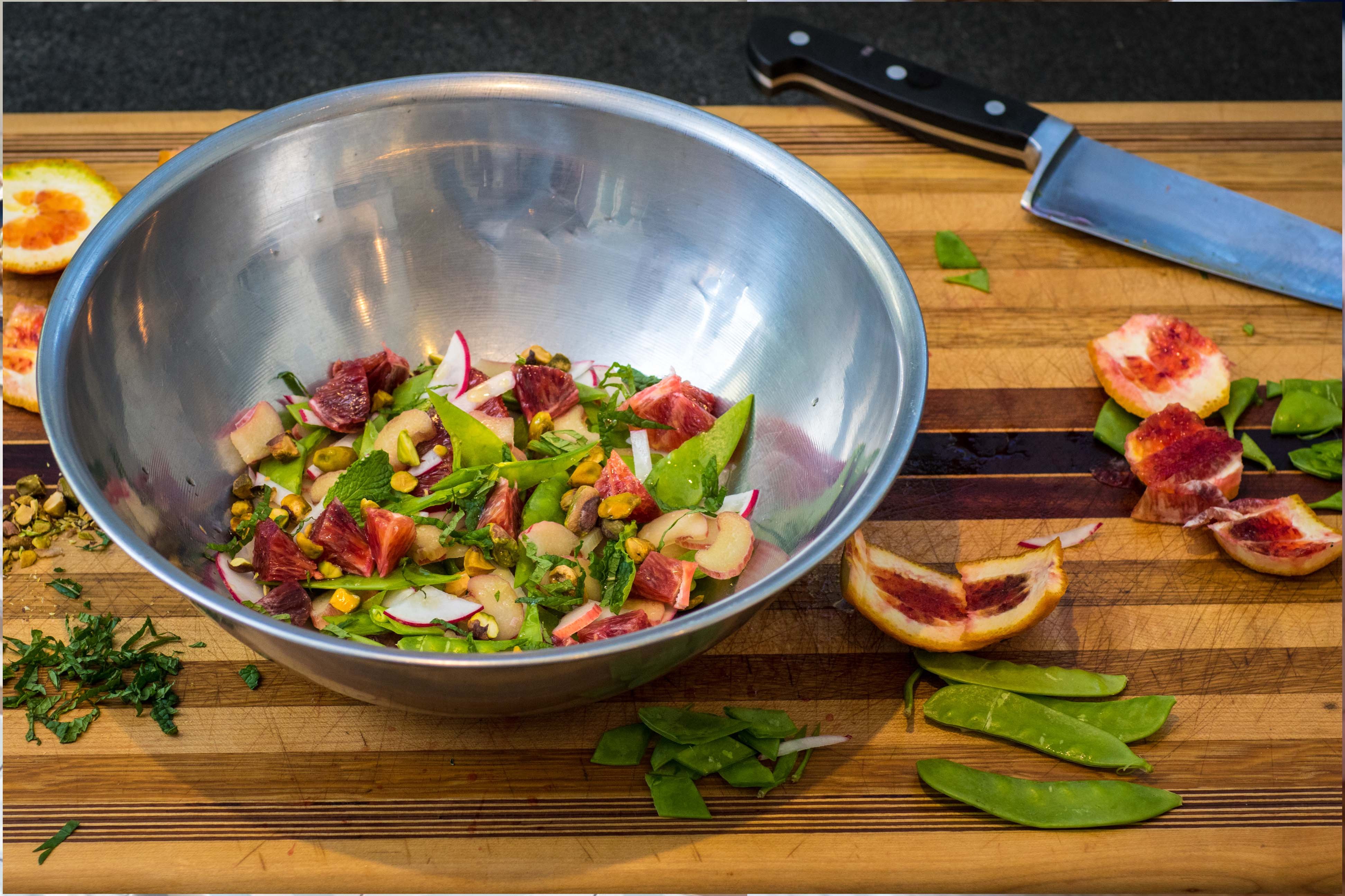 Rhurbarb Radish Pea Salad with Orange, Mint and Pistachio