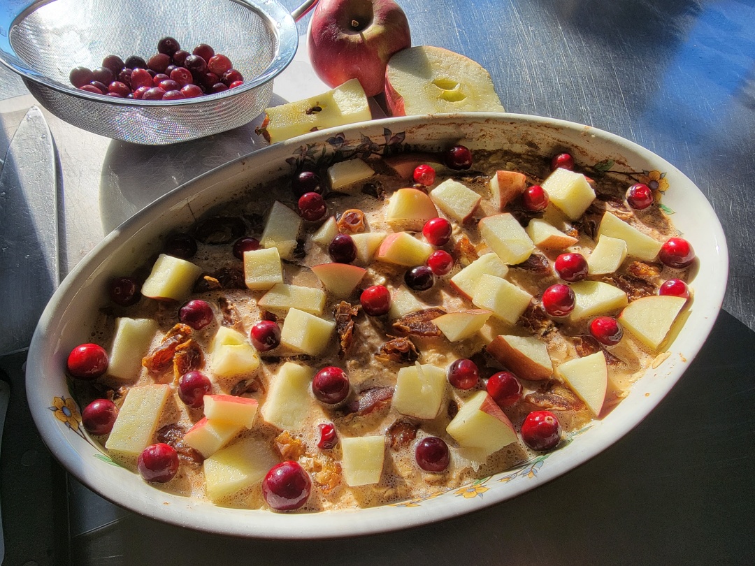 Apple & Cranberry Oat Bake w/ apple cider in a baking dish + the fresh fruits